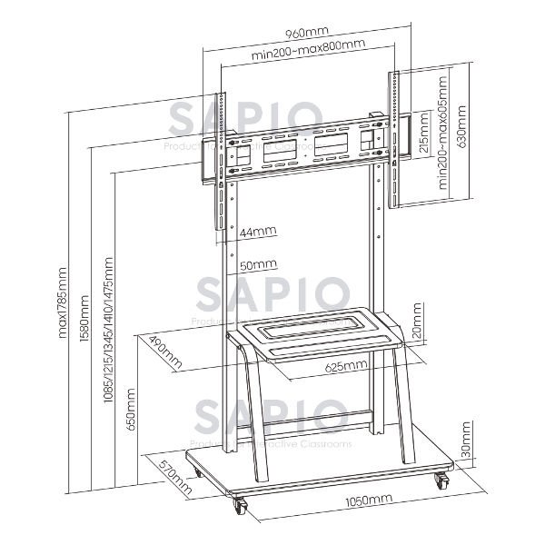 Trolley for IFPD - Heavy Duty Height Adjustable Steel Trolley SA135ME - Image 3